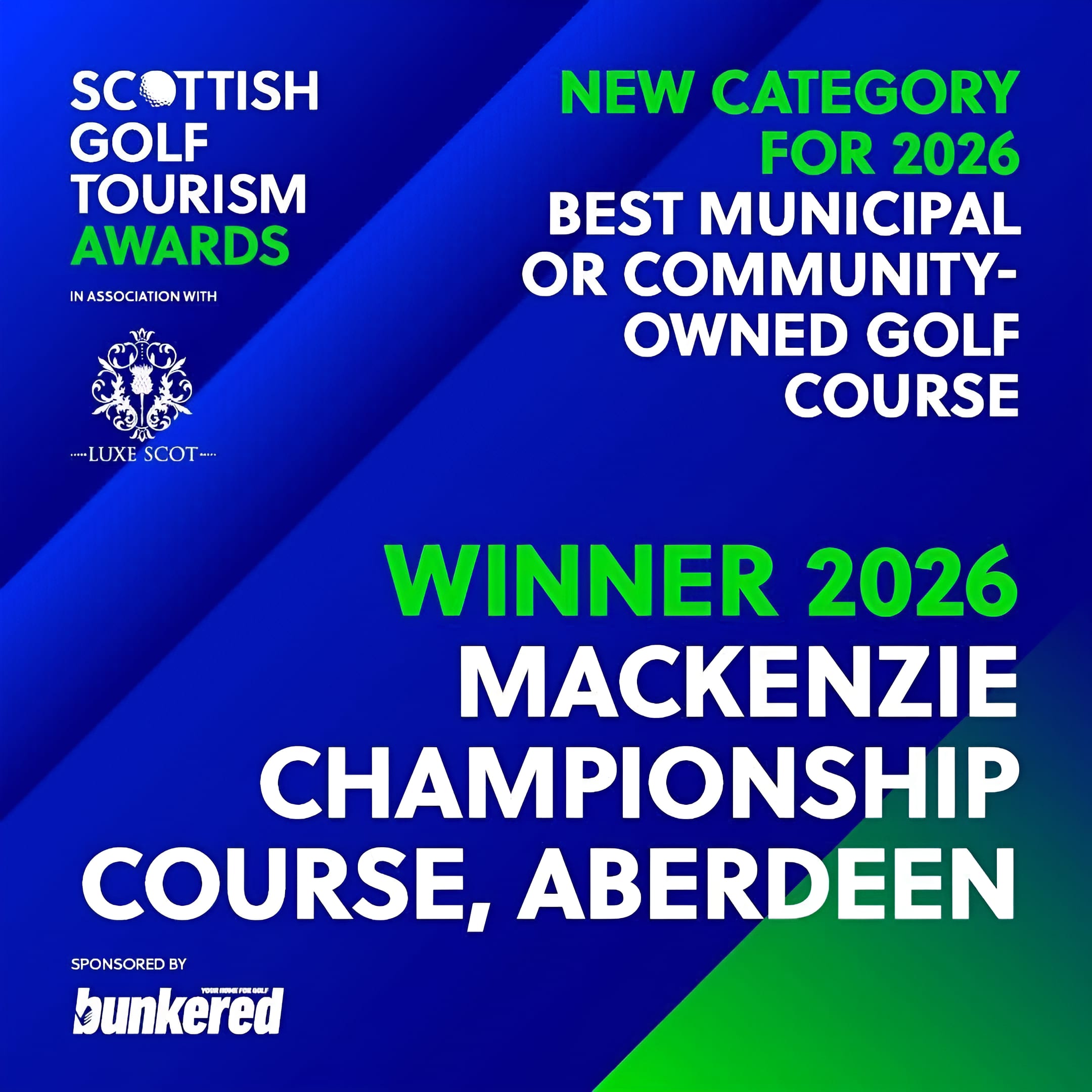Scottish Golf Tourism Awards 2026 winner graphic: Mackenzie Championship Course, Aberdeen wins Best Municipal or Community-Owned Golf Course