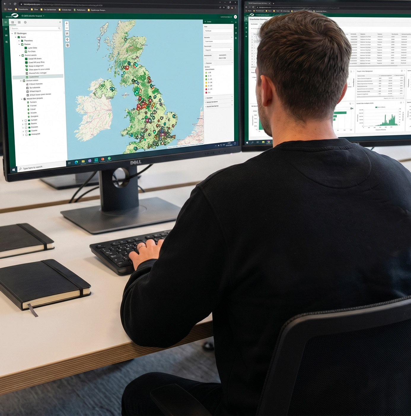 An idverde GIS analyst working at a dual-monitor workstation displaying an interactive asset map of the UK and a data dashboard