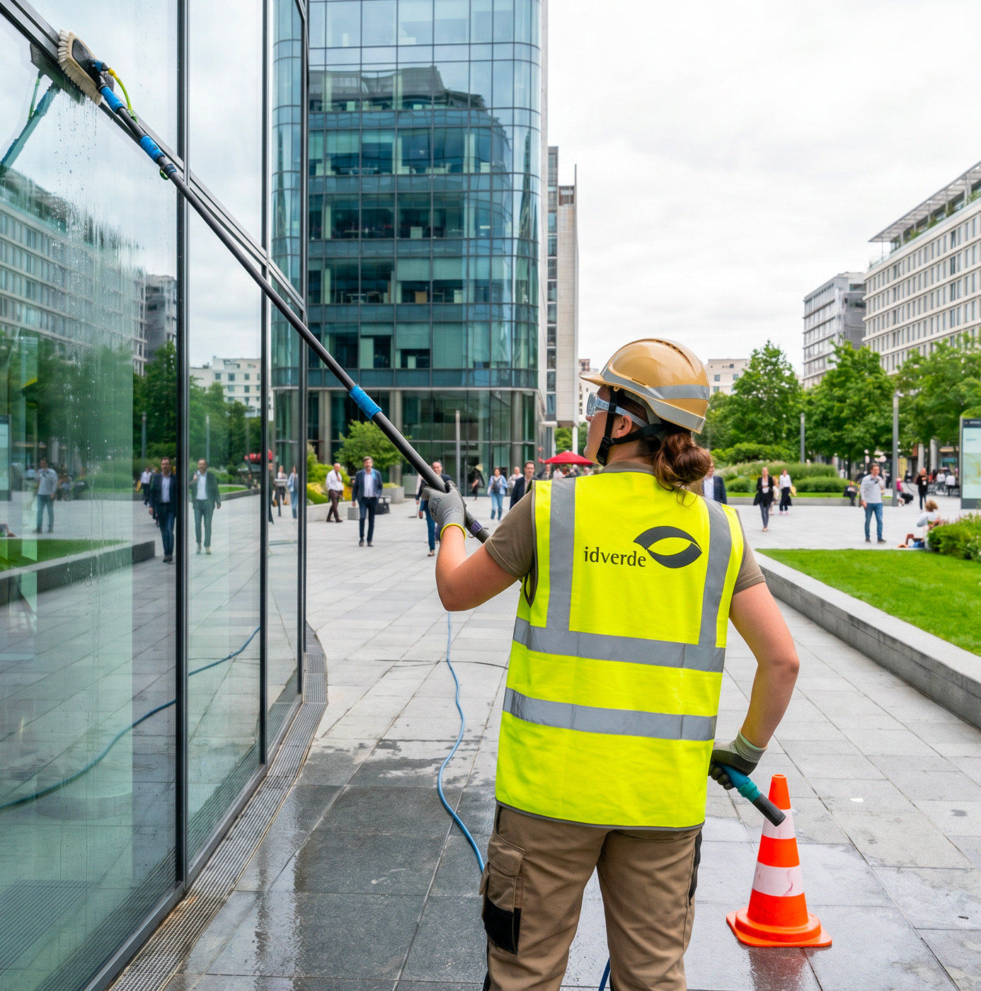 idverde operative cleaning a glass office facade with a water-fed pole in an urban business district