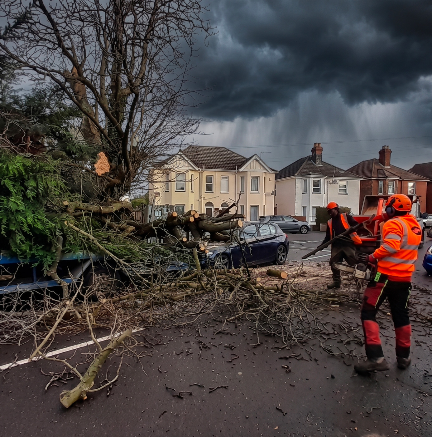 Two arborists in full PPE using a chainsaw and chipper to clear a large storm-fallen tree blocking a residential road under a stormy sky