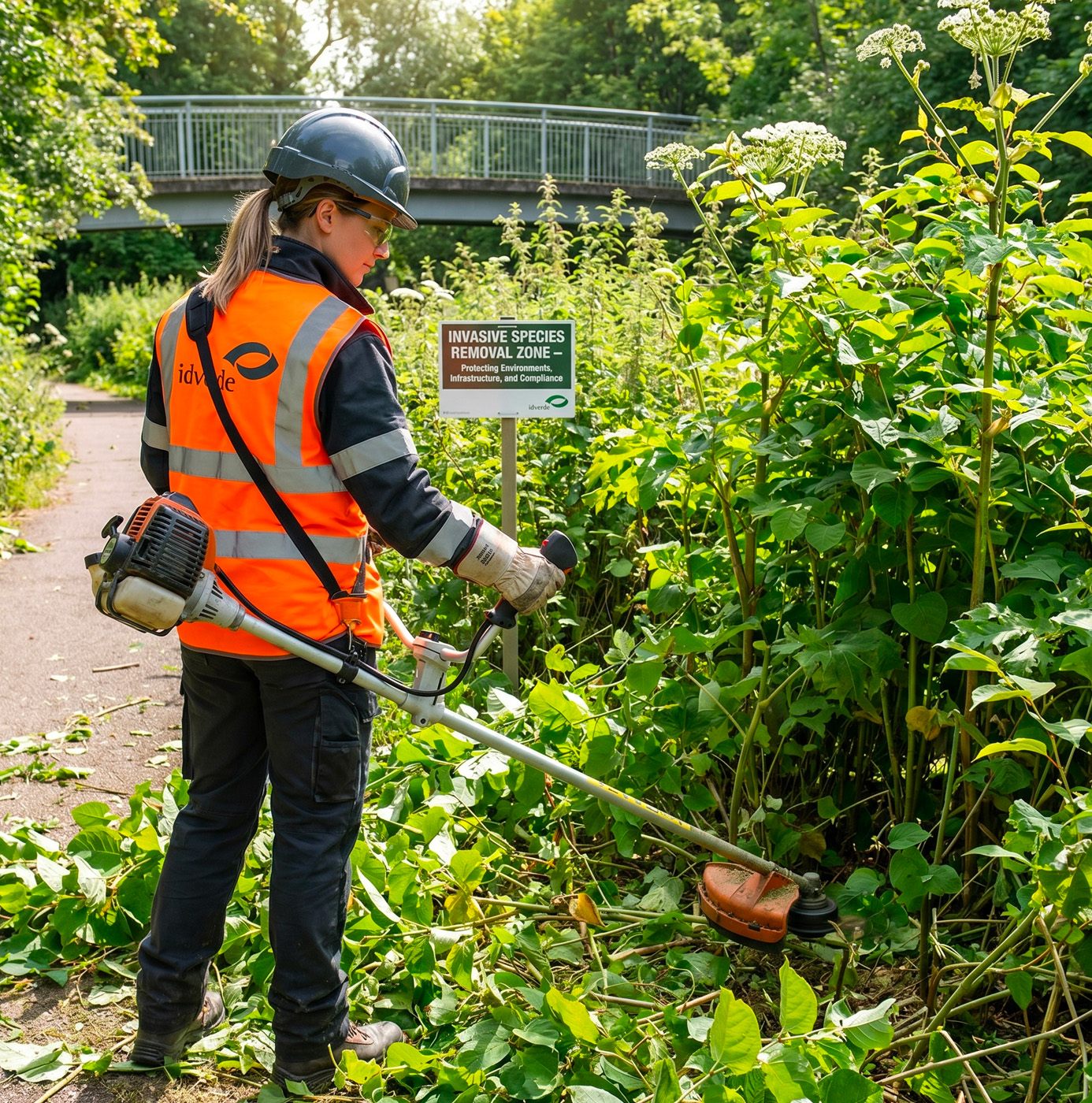 An idverde operative using a brushcutter to clear invasive vegetation beside an Invasive Species Removal Zone sign on a canalside path.