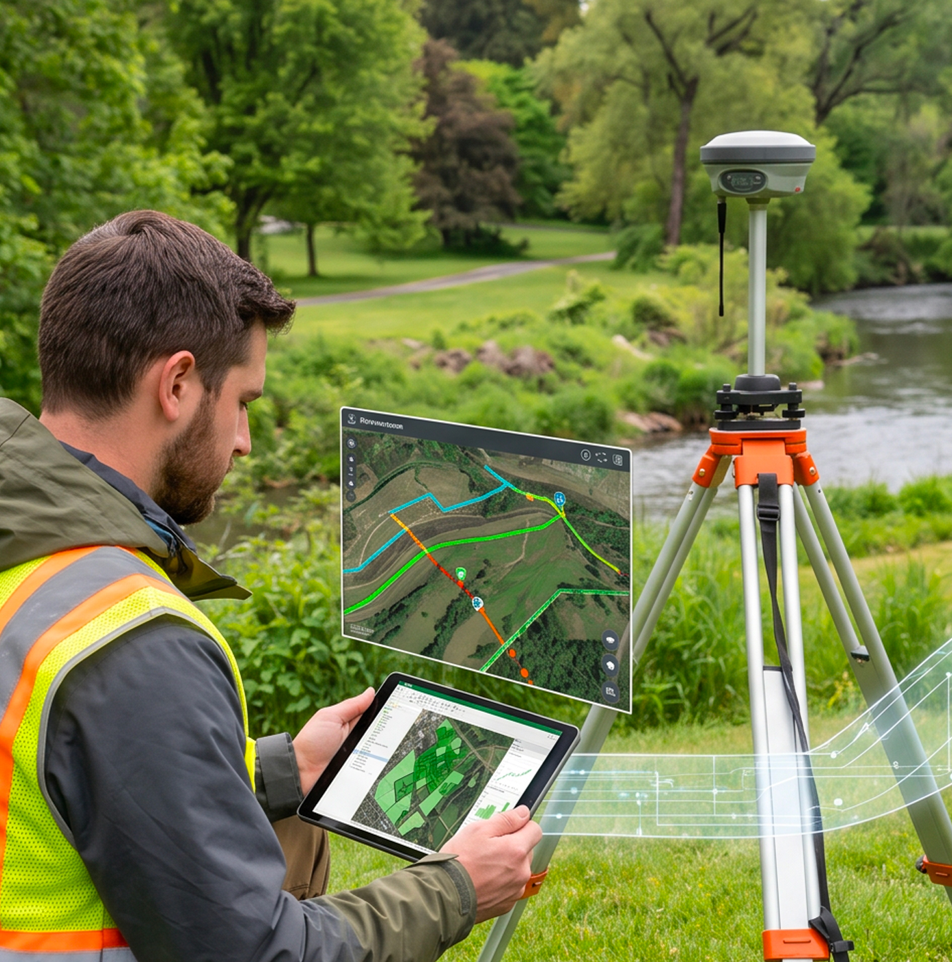 A CGI render of a surveyor in high-visibility vest reviewing GIS mapping data on a tablet next to a GPS survey pole in a parkland setting