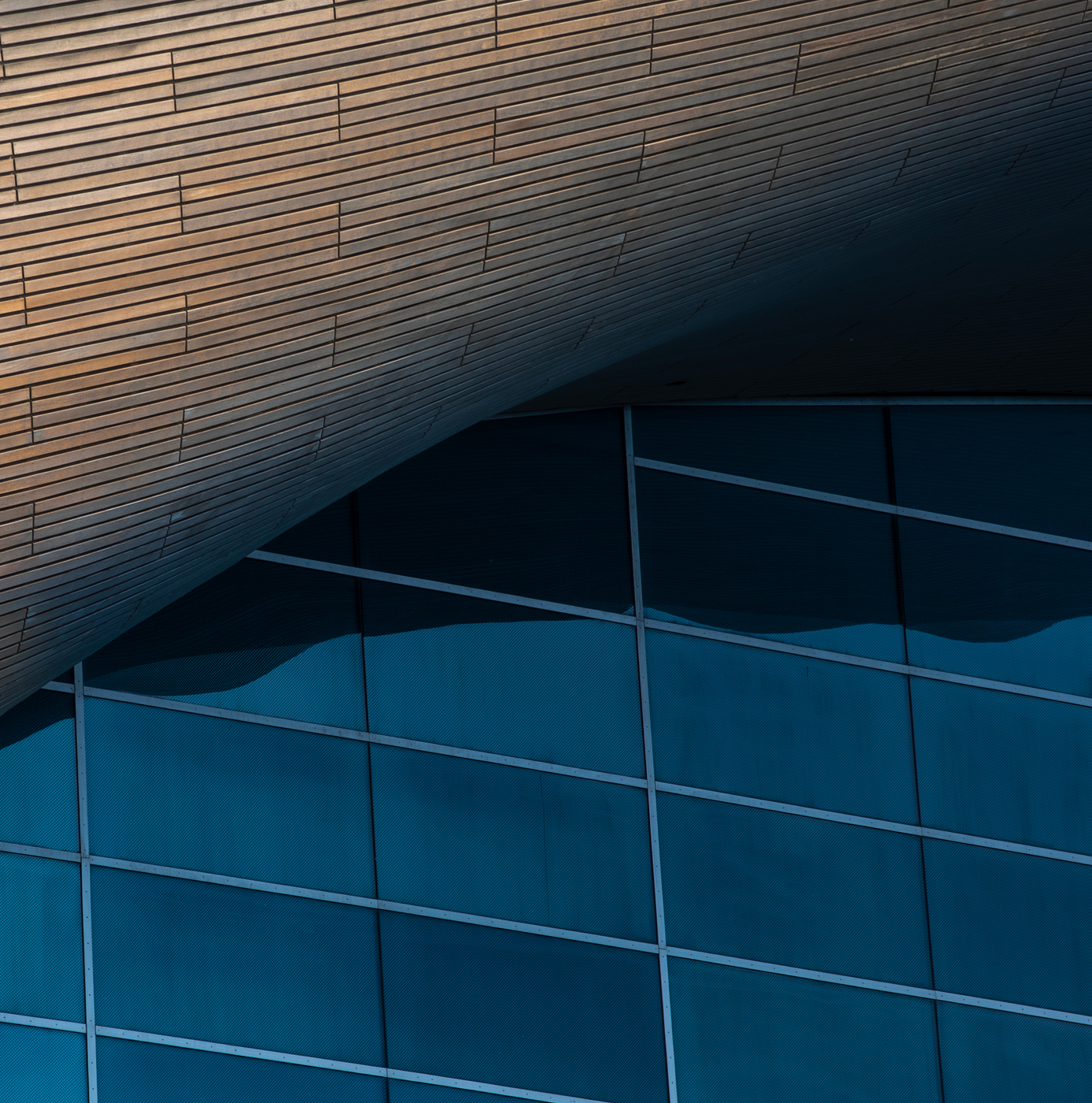 Close-up architectural detail of a curved timber-clad overhang above a blue glass curtain wall facade