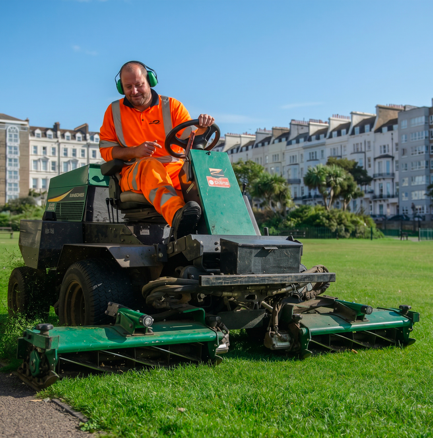 An idverde operative driving a Ransomes ride-on cylinder mower across a seafront park lawn, with a Georgian terrace in the background.