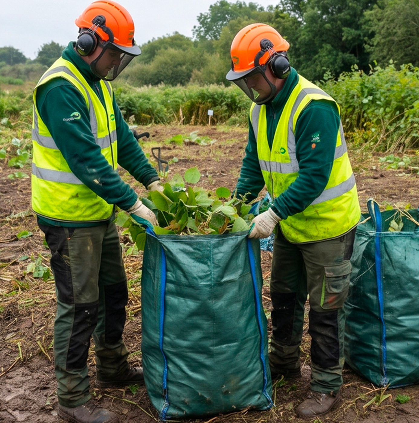 Two operatives in full PPE and face shields bagging cleared invasive plant material into large containment sacks on a cleared site.