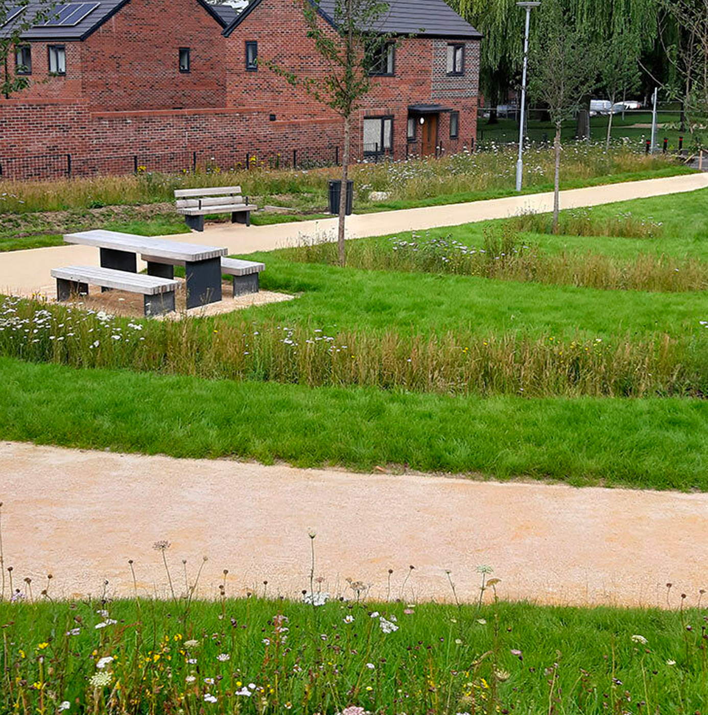 A residential green space with wildflower meadow strips, curved gravel paths, timber and concrete picnic benches, and young semi-mature trees.