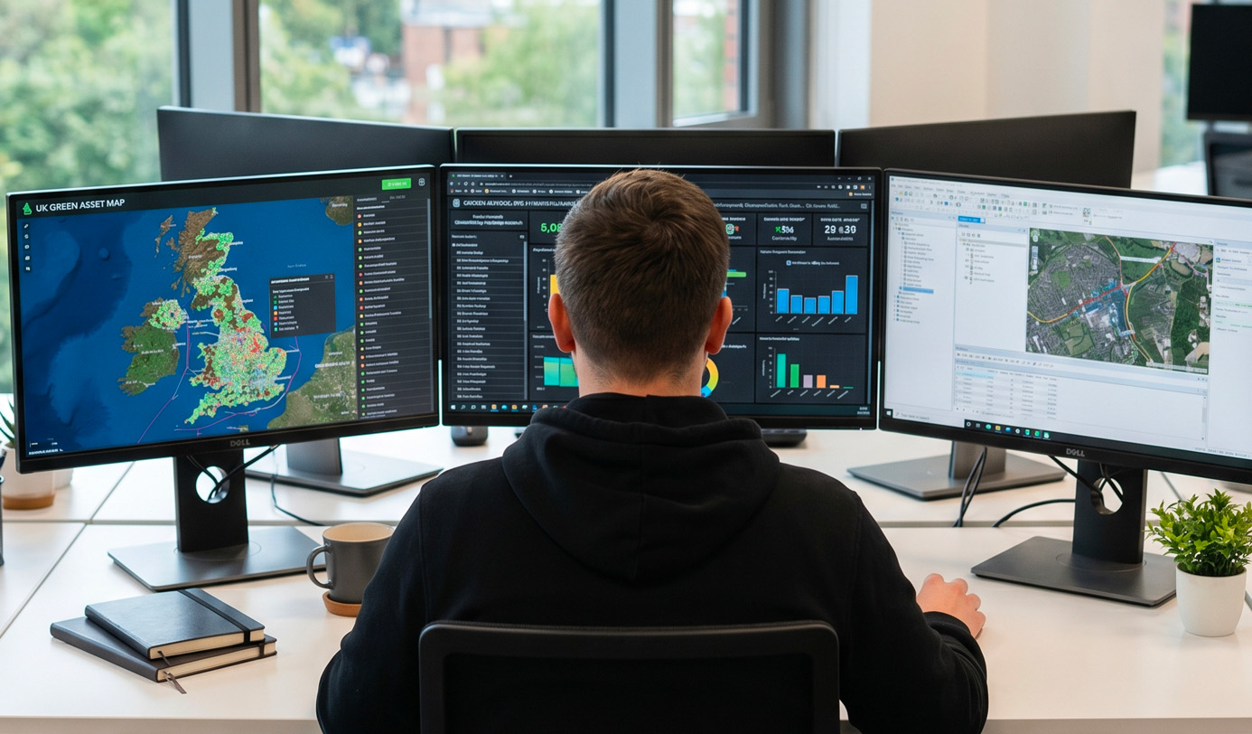 A GIS analyst working across three monitors showing a UK green asset map, a performance dashboard, and a detailed aerial site plan