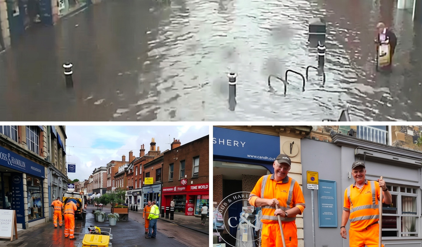 Three-panel composite showing a flooded town centre street, operatives pumping floodwater, and two crew members smiling after completing flood response work