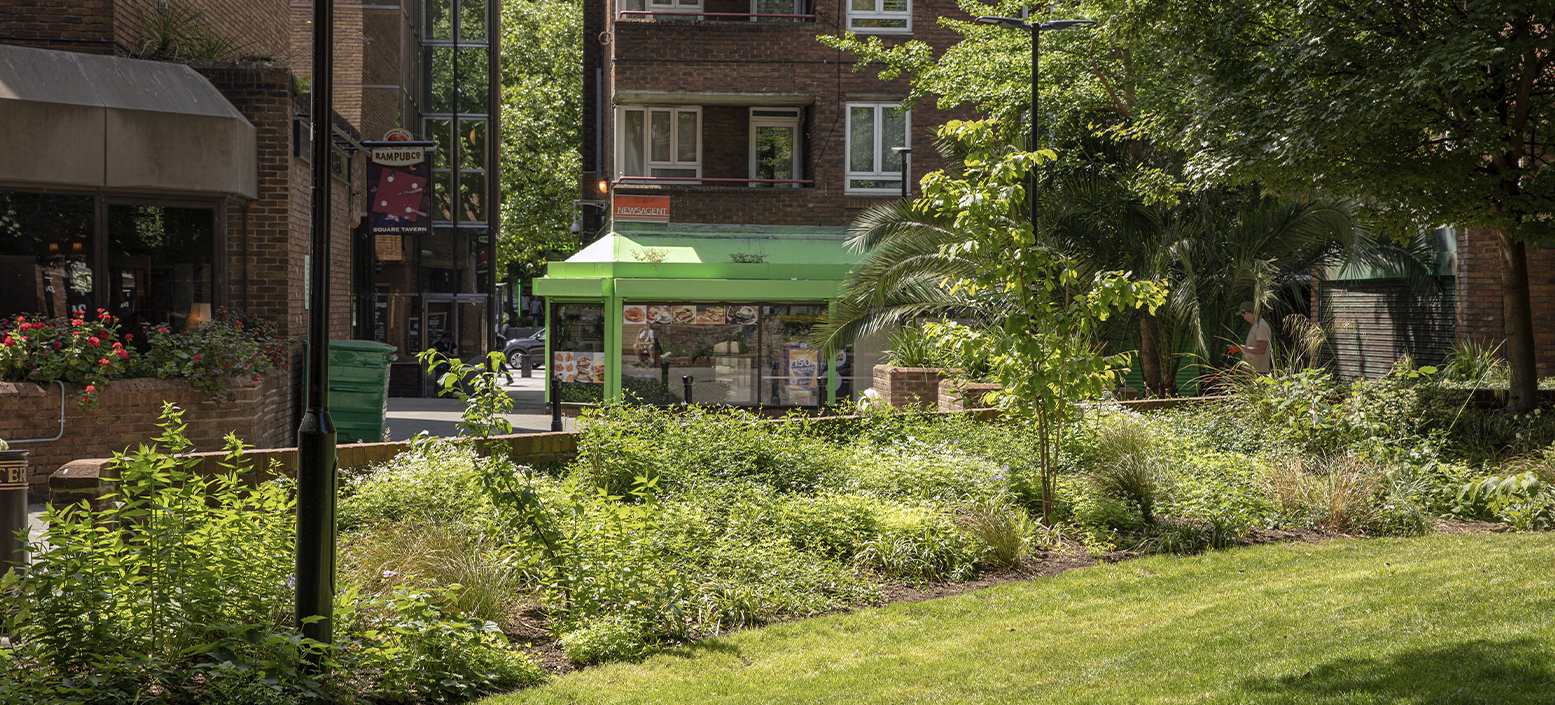 Lush urban garden with green kiosk, manicured lawn, shrubs and trees beside brick buildings in London square