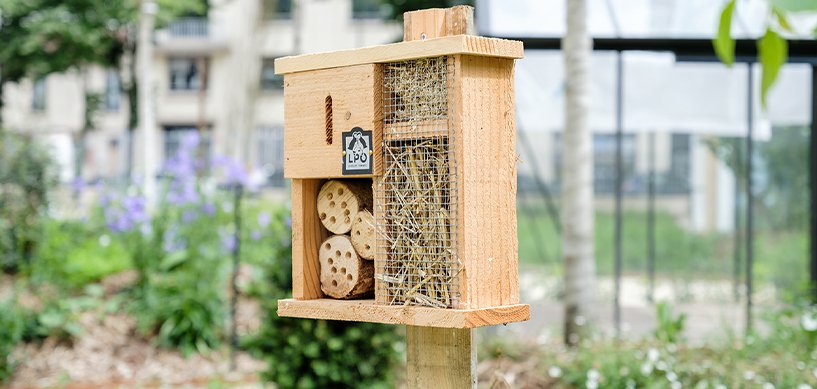 LPO-labeled wooden insect hotel on a post in a green urban garden with drilled logs and wire mesh compartments