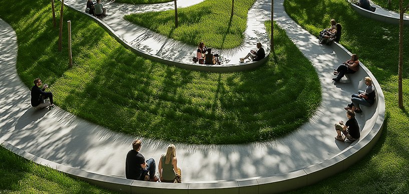 People relaxing on curved concrete terraces with lush green grass mounds in a modern landscaped park