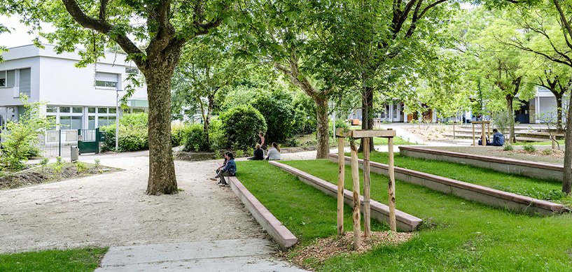 Landscaped school grounds with grassy terraces, mature trees, wooden posts, and students relaxing on stone seating edges