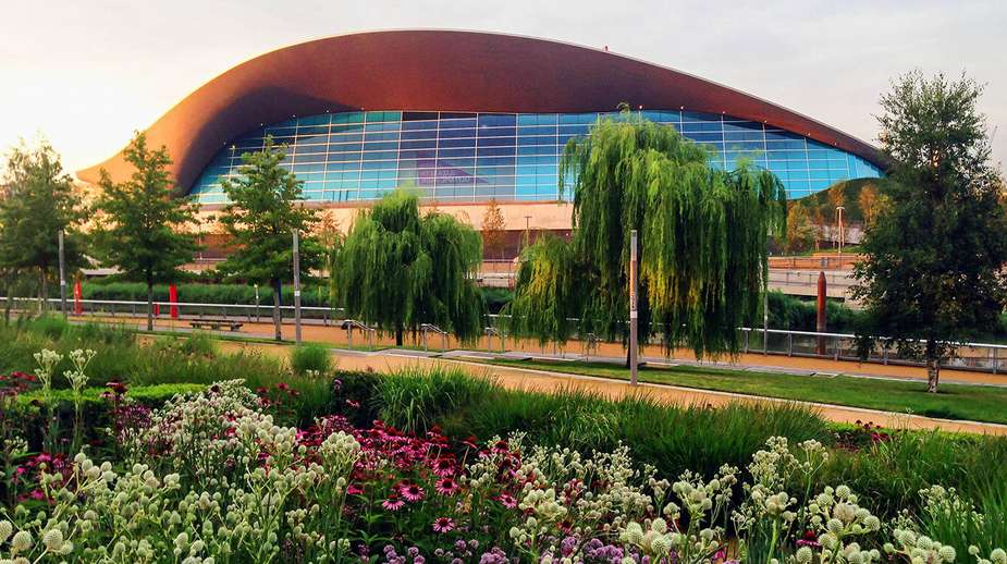Colourful wildflower planting and weeping willows in front of the London Aquatics Centre at Queen Elizabeth Olympic Park