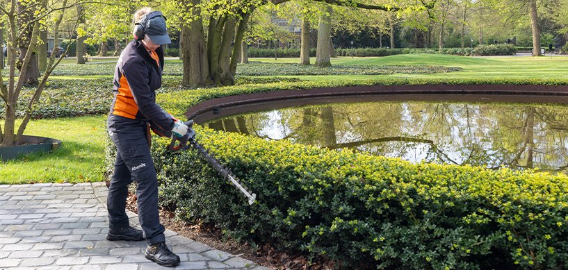 idverde groundskeeper trimming a curved green hedge beside a reflective pond in a manicured park
