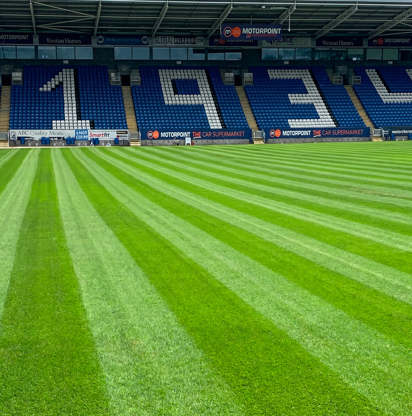 A precision-mown professional football pitch with radiating stripe pattern inside a league stadium with blue and white seating.