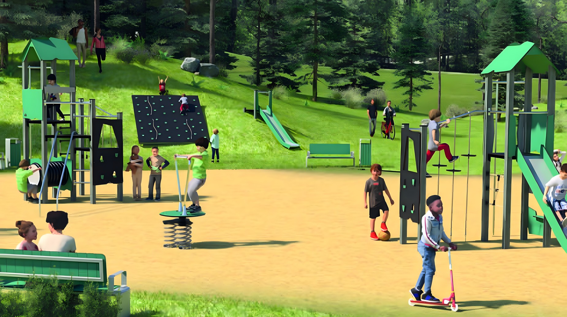Children playing on climbing frames, slides, and scooters in a park