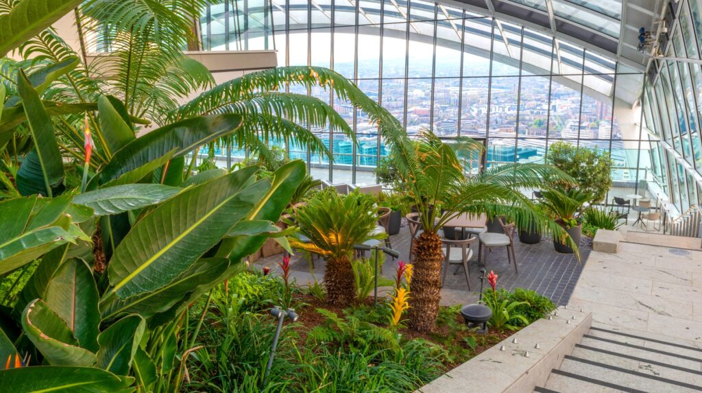 Sky Garden terrace with tropical plants overlooking London skyline