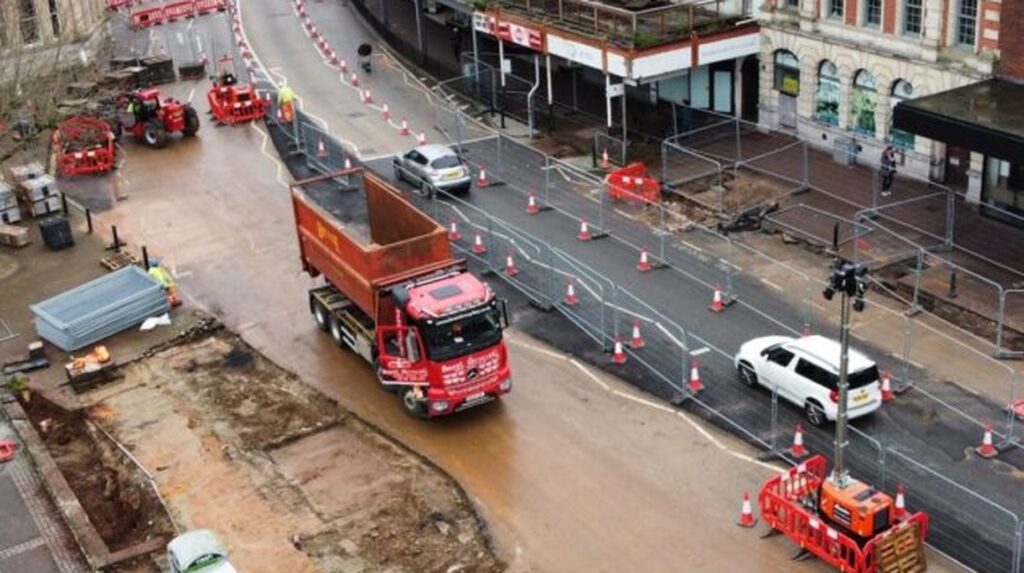 Aerial view of traffic management at The Strand roadworks in Torquay