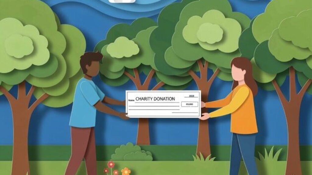 Two people holding a large charity donation cheque among illustrated trees