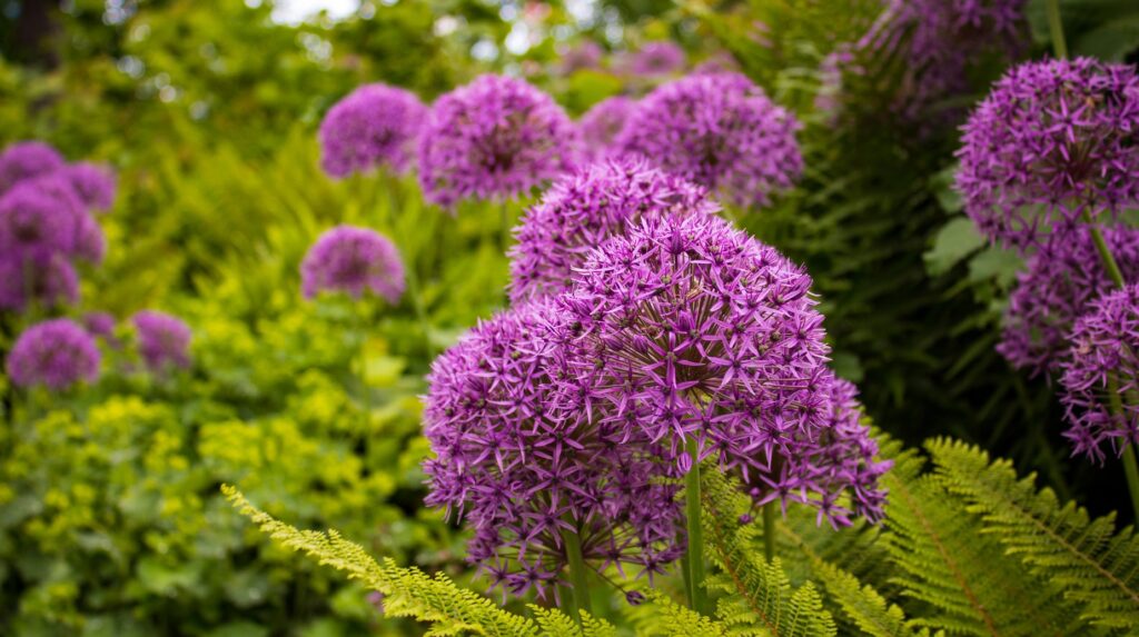 Purple allium flowers blooming among green ferns in a garden
