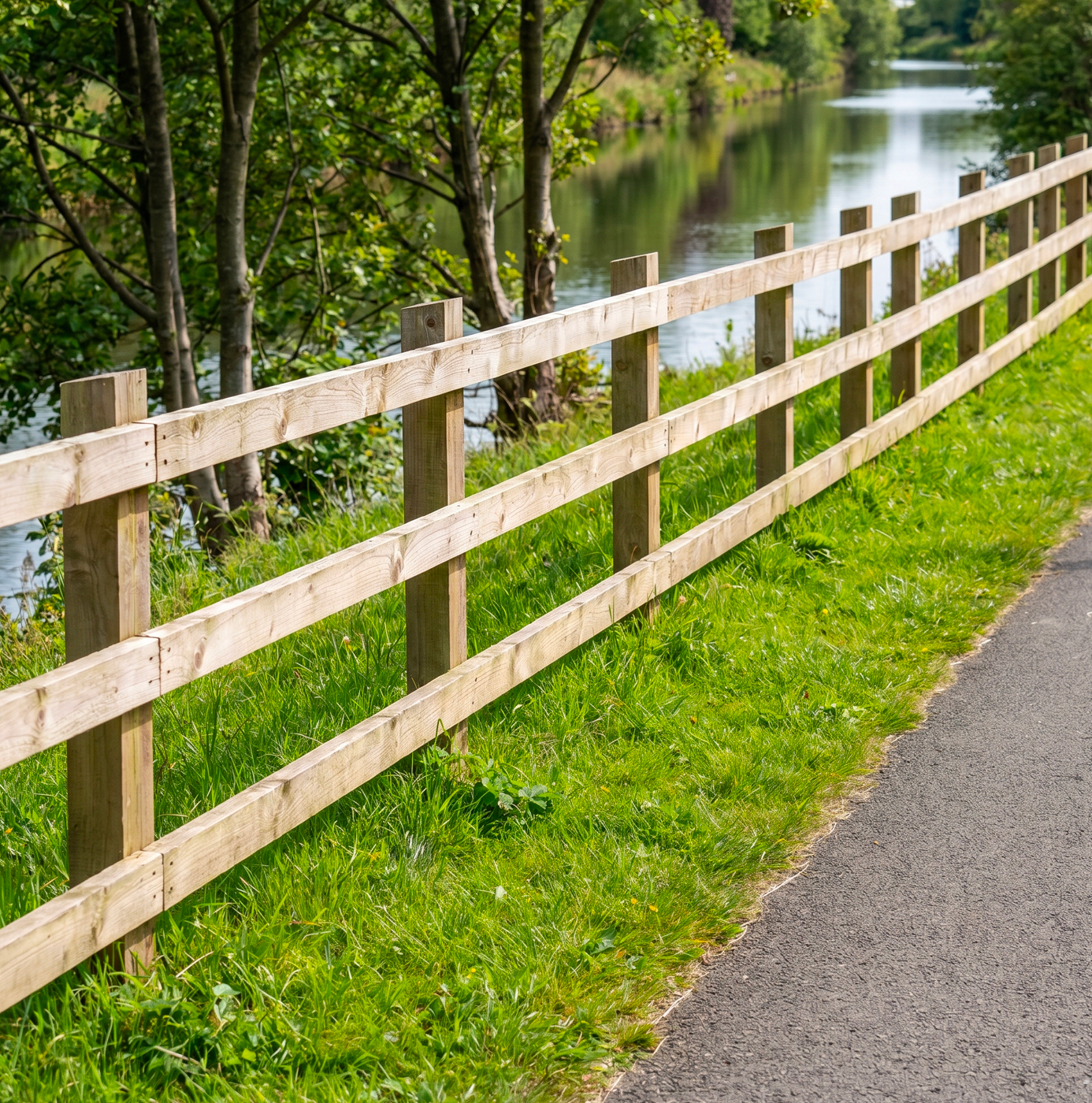 A new three-rail timber post-and-rail fence running alongside a mown grass path with a river and tree line behind.