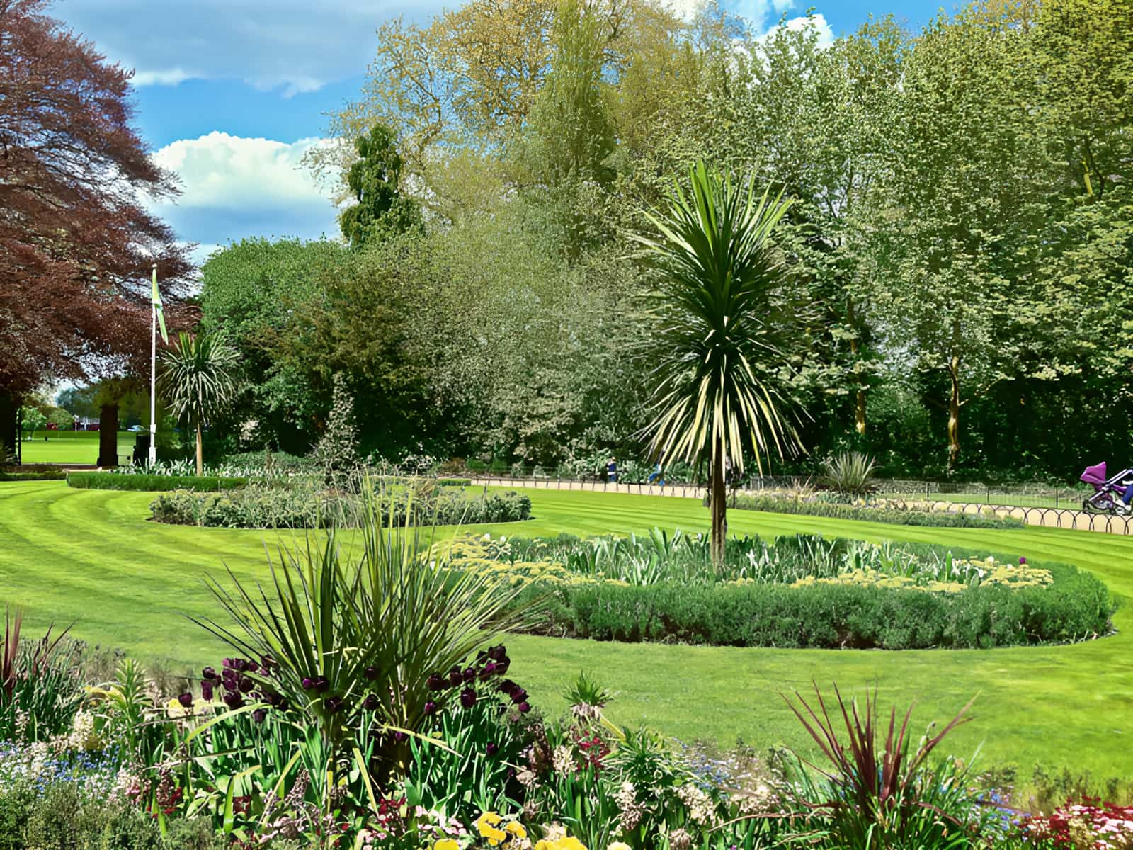 Manicured public park with circular flower beds, palm trees, striped lawn, and colourful borders on a sunny day.