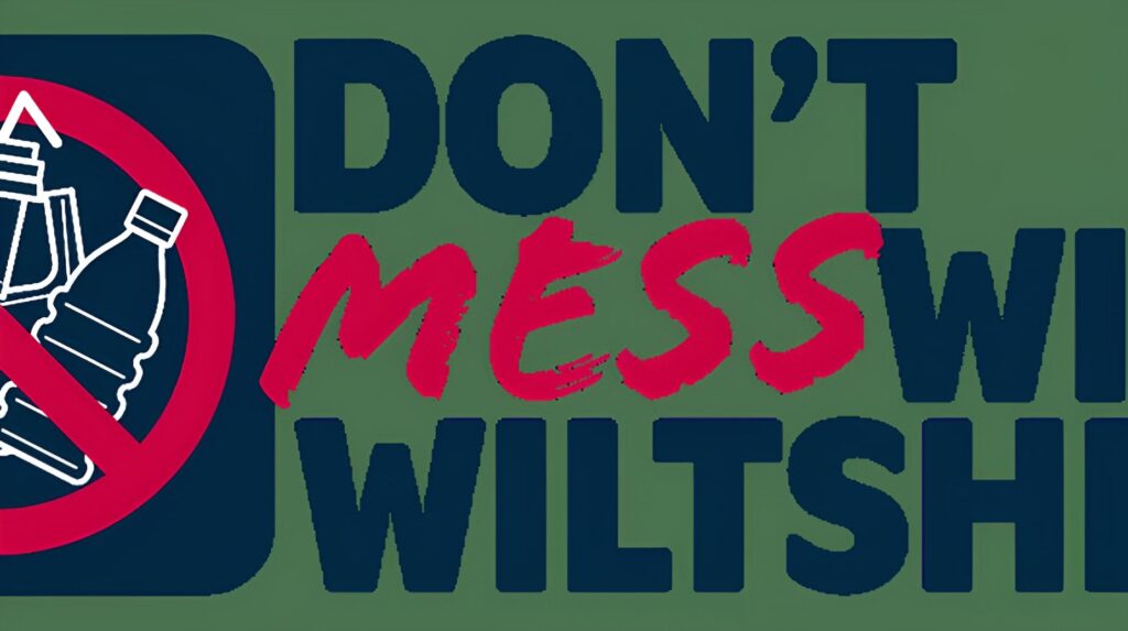 Don't Mess With Wiltshire anti-littering campaign logo with a no-littering symbol showing bottles