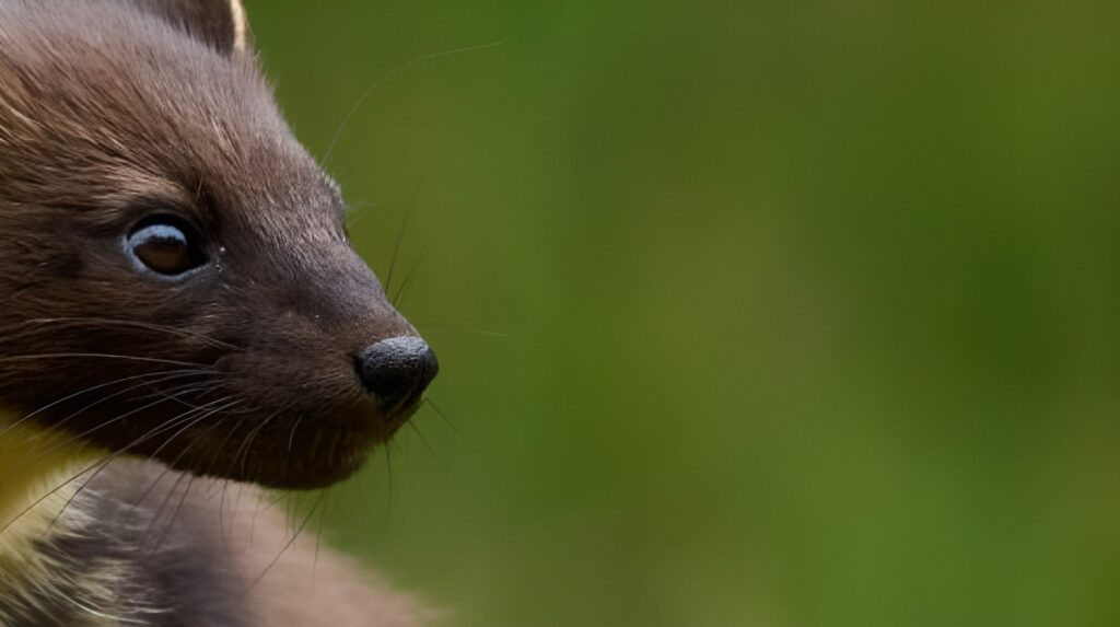 Pine marten with dark brown fur and yellow throat patch, alert and looking sideways against a green blurred background.