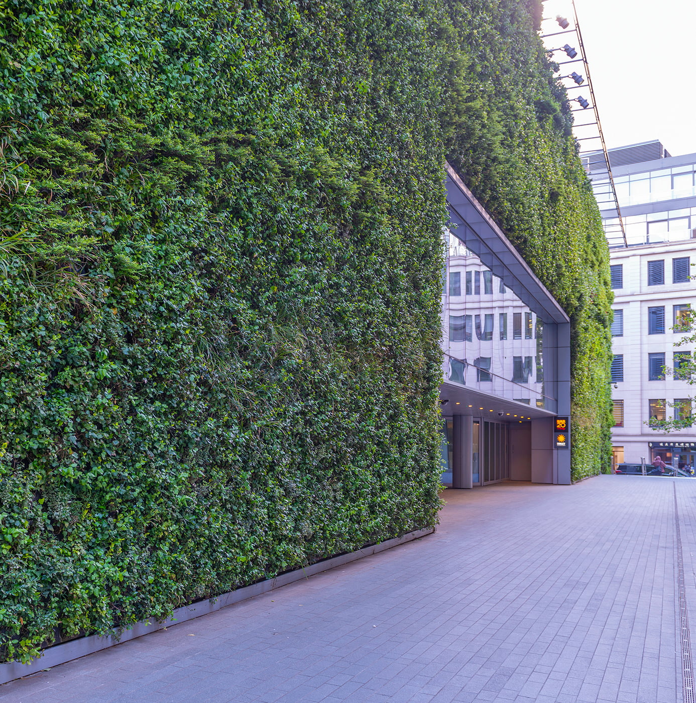 Large-scale living wall covering a modern urban building facade with dense mixed green foliage
