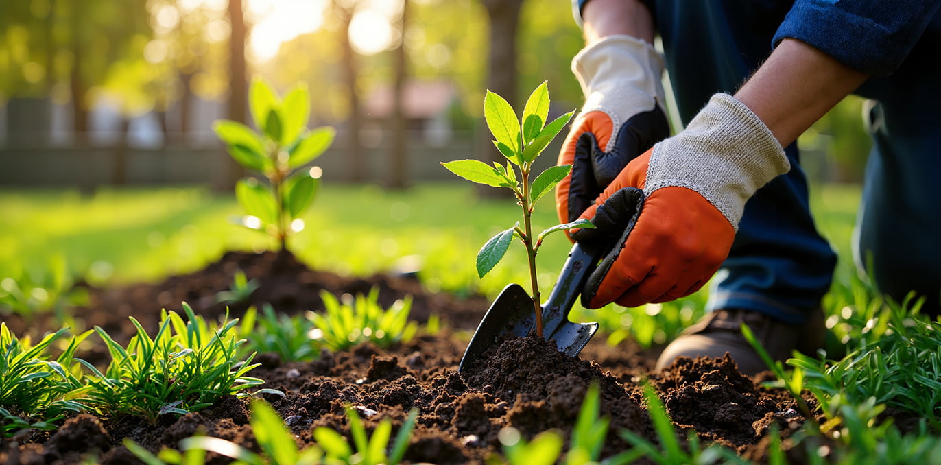 Gardener planting a young sapling in rich soil with a trowel, wearing orange and white gloves